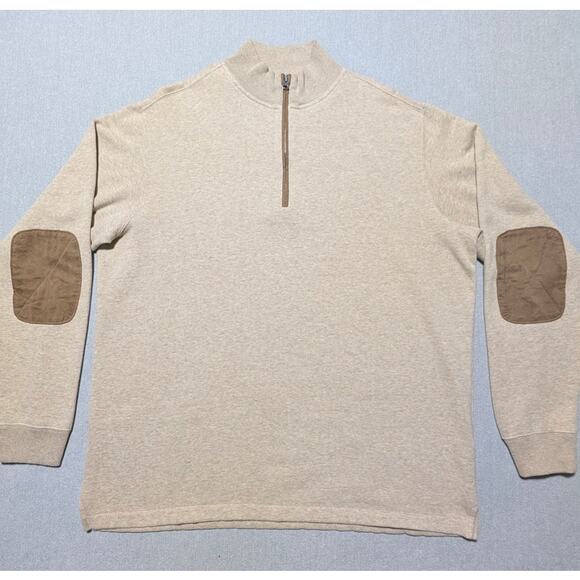 Woolrich Men’s XL 1/4 Zip Pullover Beige Sweatshirt Elbow Patches Cotton Blend - Picture 2 of 11